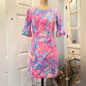 Lilly Pulitzer Pink and Blue Floral 3/4 Sleeve Dress Size 2 Preppy Ivy League